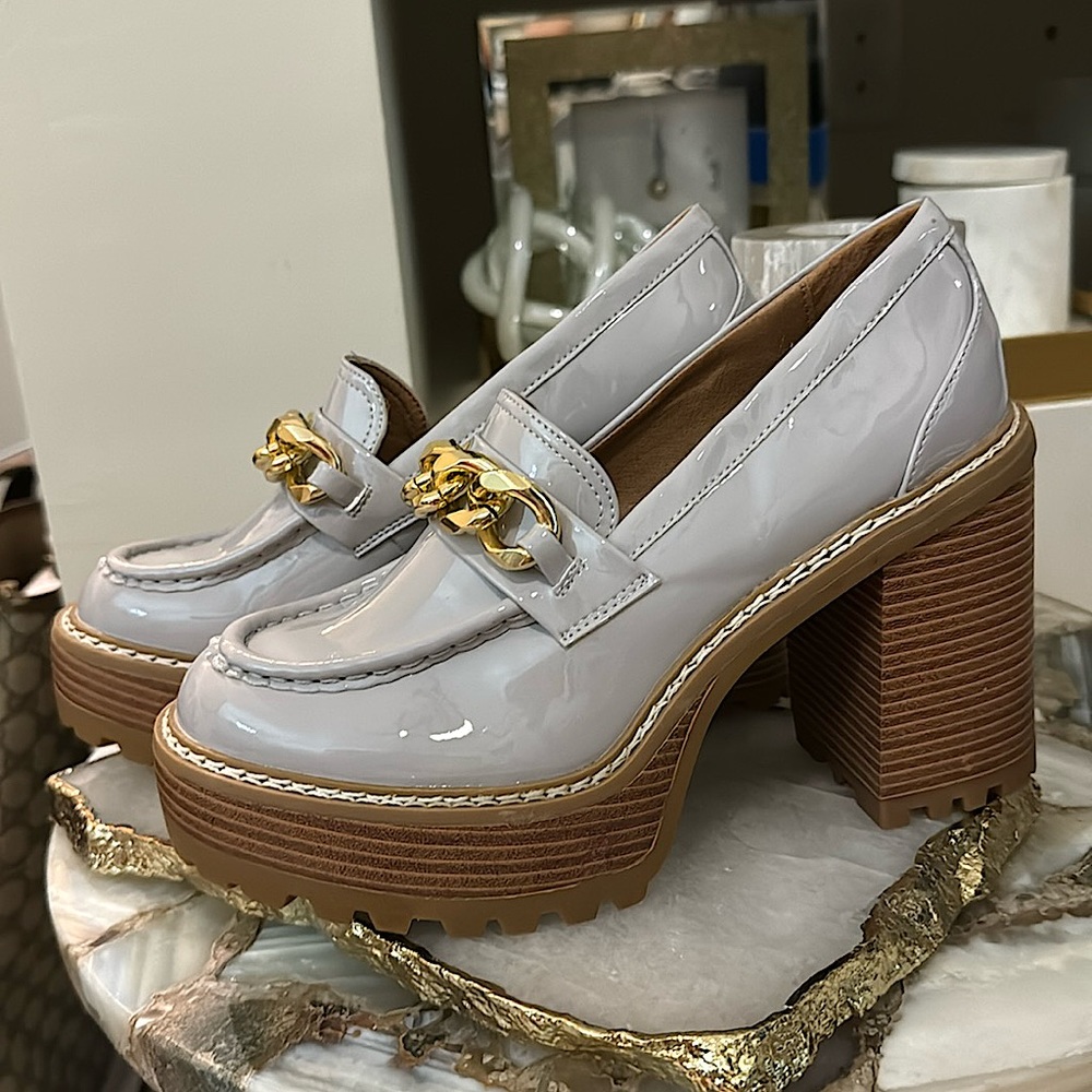 Madden Girl Grey Patent Stacked Heel